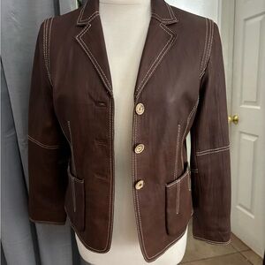 CAbi Brown Leather Jacket with White Stitching